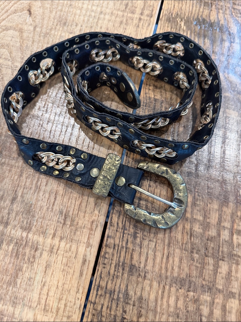 Black Leather Chain-Trim Belt with Hammered Gold Buckle